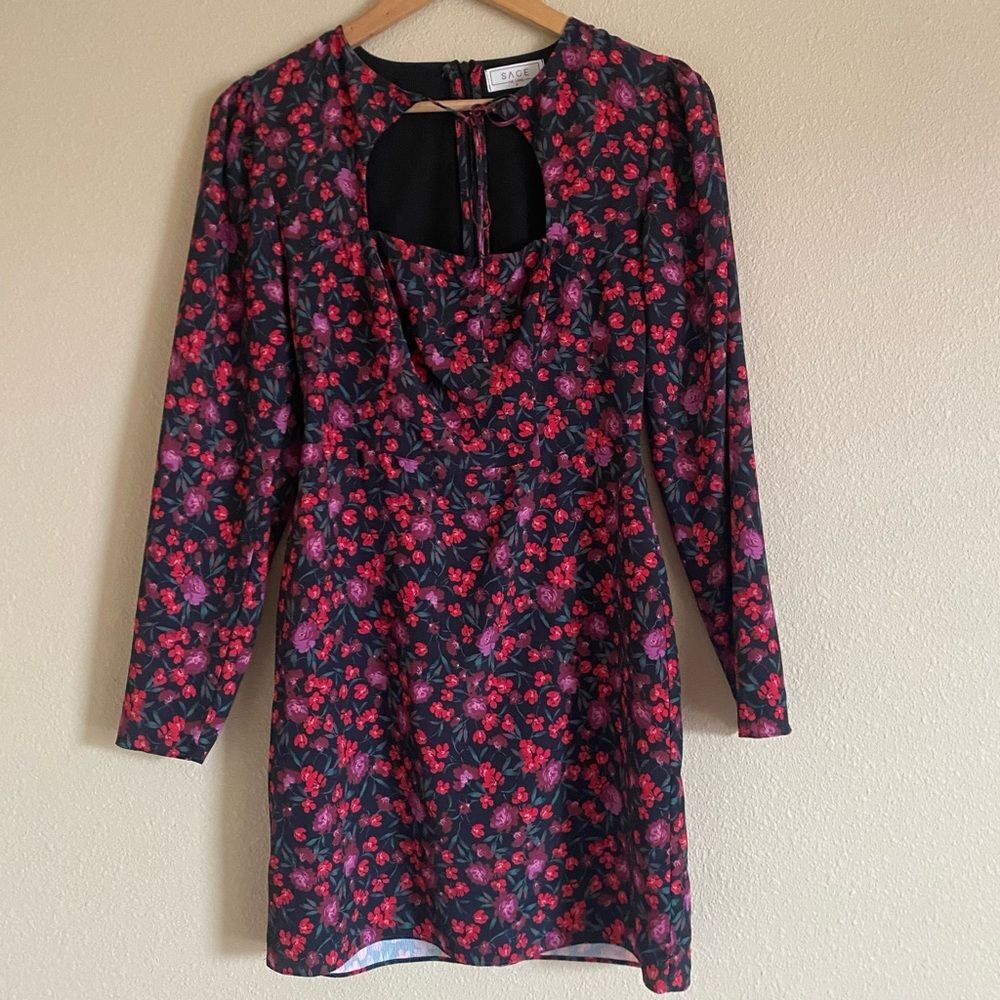 SAGE THE LABEL Black Pink Floral Long Sleeve Mini Dress